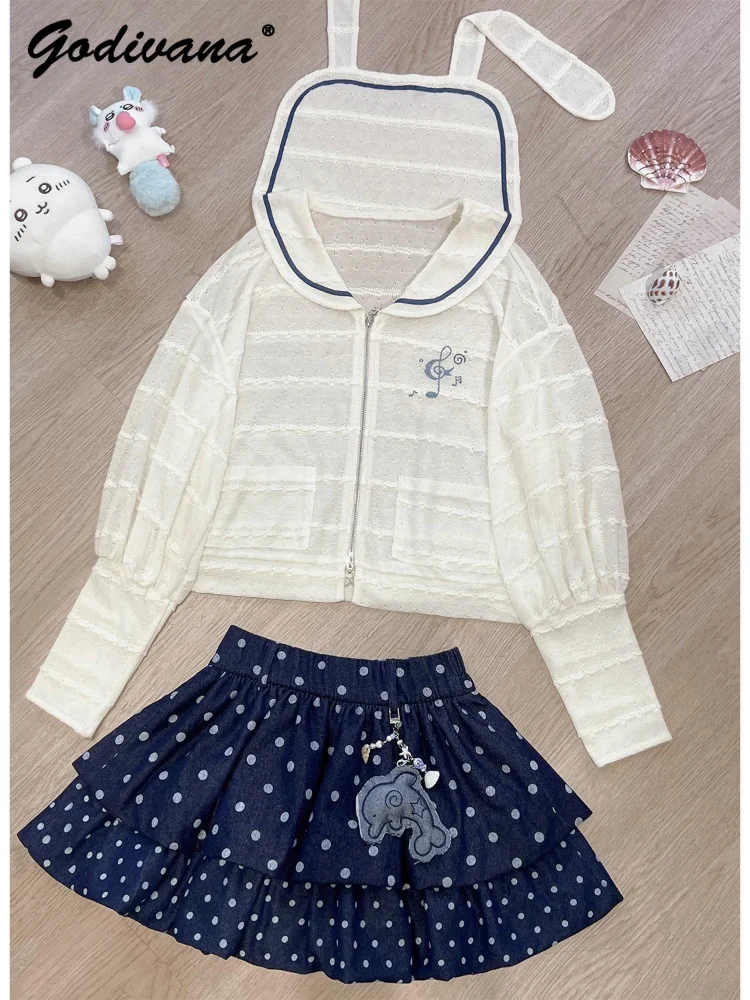 

Navy Collar Detachable Rabbit Ears Note Embroidery Cardigan Thin Blouse Outwear Kawaii Polka Dot Skirt Womens Lolita Skirt Suits