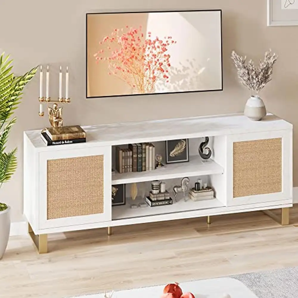 Sleek Boho-Chic Rattan TV Cabinet White High-grade Material 65