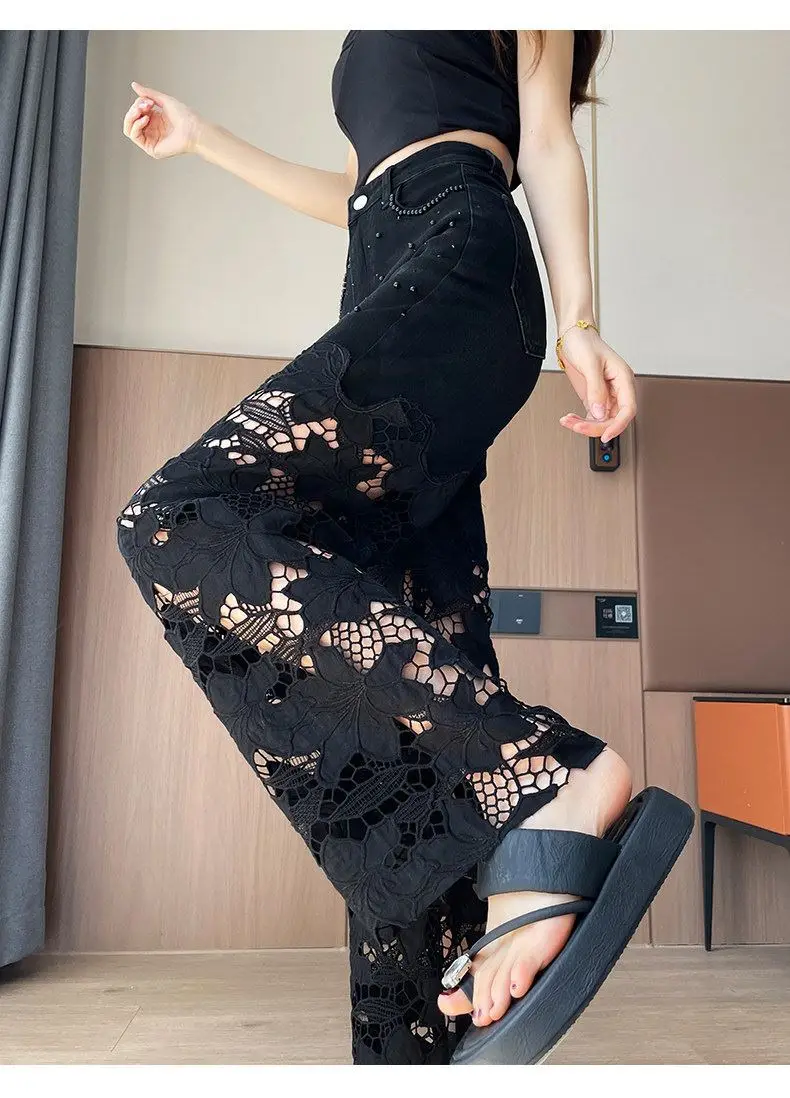 

Новые женские джинсы 2026 года с кружевными вставками и вышивкой бисером, широкие, летние, тонкие, с высокой талией, свободные, прямого кроя