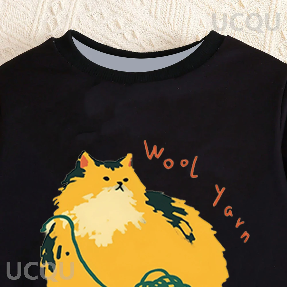 طقم سويت شيرت برقبة دائرية مقاسات متعددة 2D كارتون قطة غزل صوف طباعة نسيج بوليستر مريح للترفيه المنزلي #3