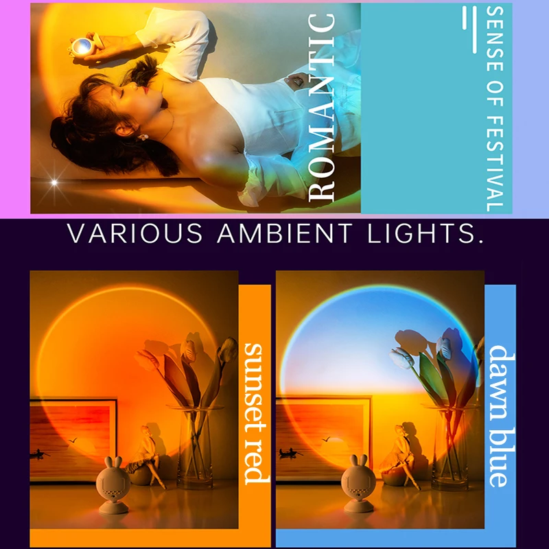Sunset Projector Light LED Night Light USB Rechargeable LED Sunset Lamp 7 Colors Dimmable Rainbow Lamp Bedroom Decor Nightlight