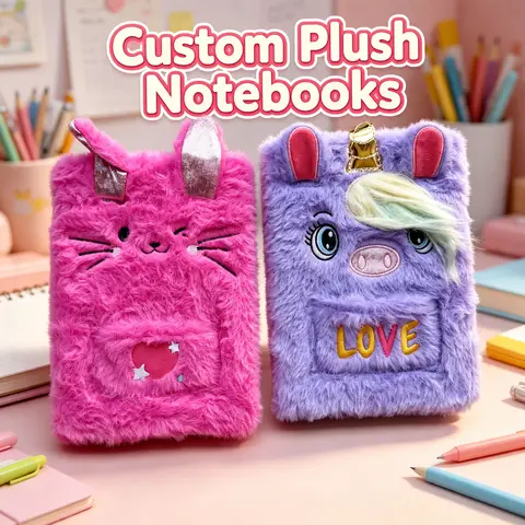 Cute Plush Cover Cartoon Animal Notebook A5 Lined Journal With Front Storage Pocket For Daily Planning Back To School Stationery