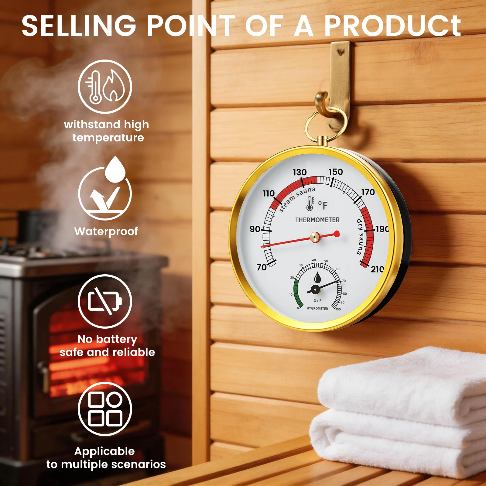 Sauna Thermometer and Hygrometer (Fahrenheit) with Strap Mount Portable Temperature Humidity Monitor for Steam Room Home Indoor