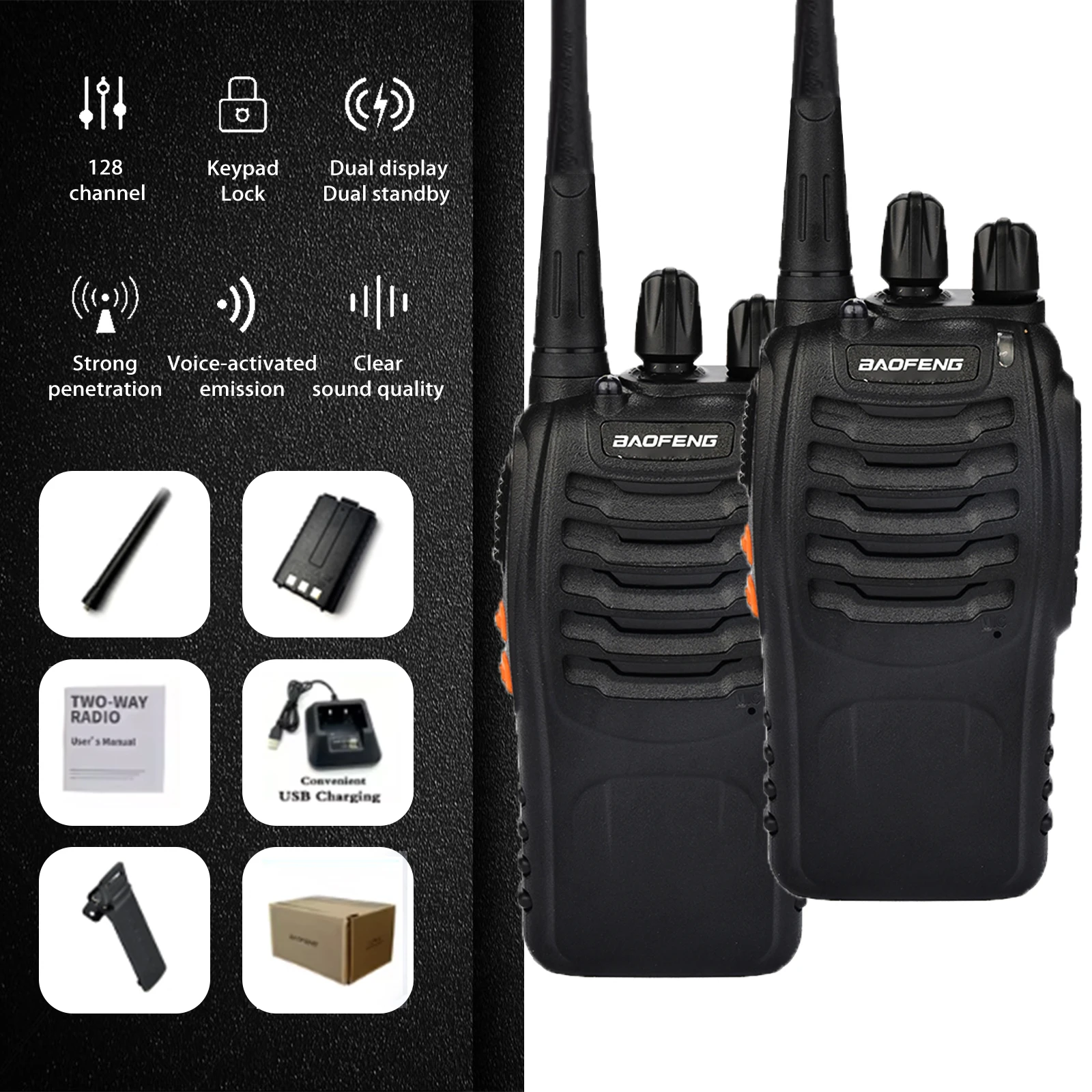 Baofeng 888S 2 buah Walkie Talkie 5W, pemancar penerima dua arah amatir, pengisi daya USB stasiun Radio portabel untuk mendaki & memanjat