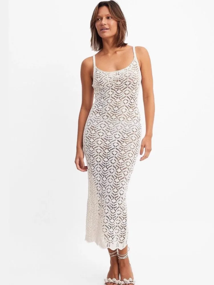 

Sexy Women Knit Beach Dress Hollow-Out V-Neck Sleeveless Bikini Cover-Ups Dress Holiday Maxi Dress 2026 Summer Swimwear Beach