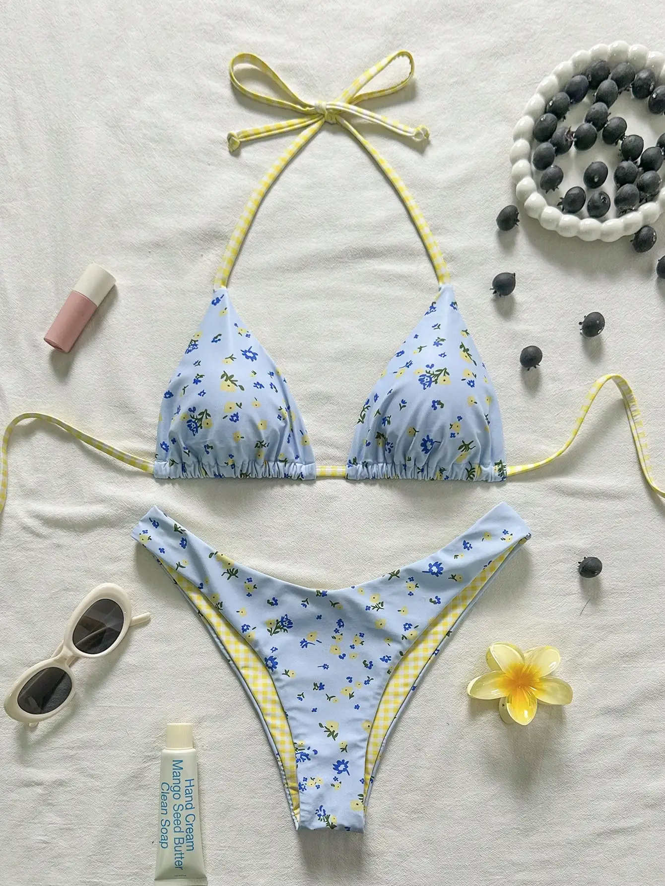 

Floral Print Halter Bikini Set With Gingham Trim For Women