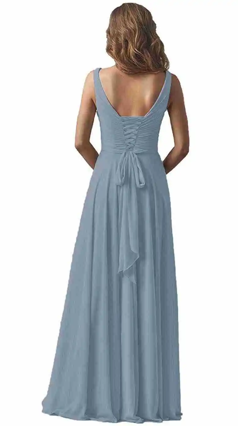 CloverBridal Worthy Pleated Chiffon Dusty Blue Wedding Guest Dresses For Women Double Straps Long Robes Invitée Mariage WB9822