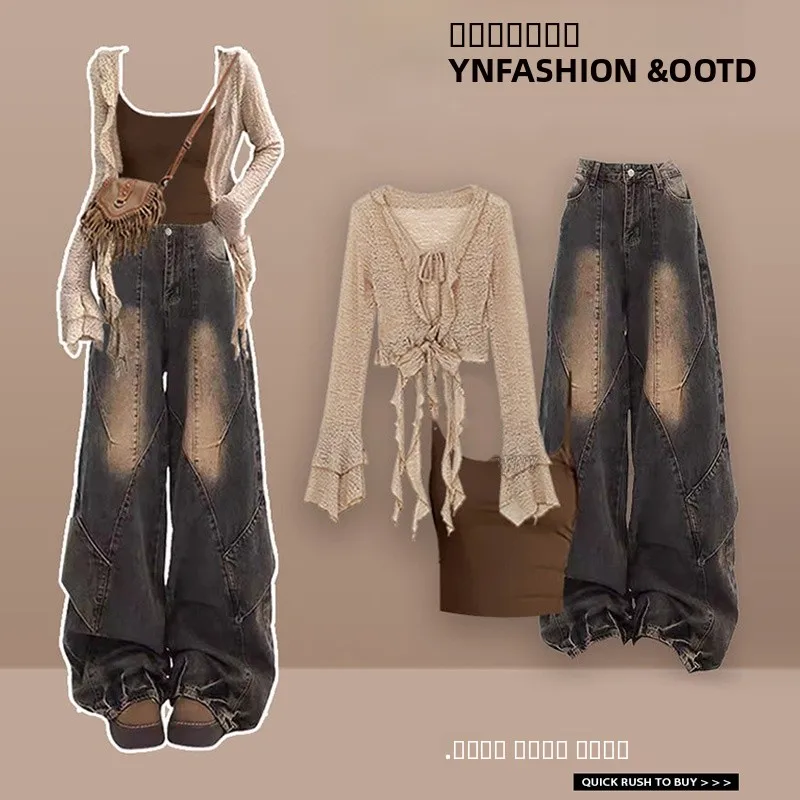 

Корейский Sle Spicy Girl, ажурный вязаный комплект, ранняя осень, модные длинные брюки, утягивающий эффект, уличная футболка, костюм