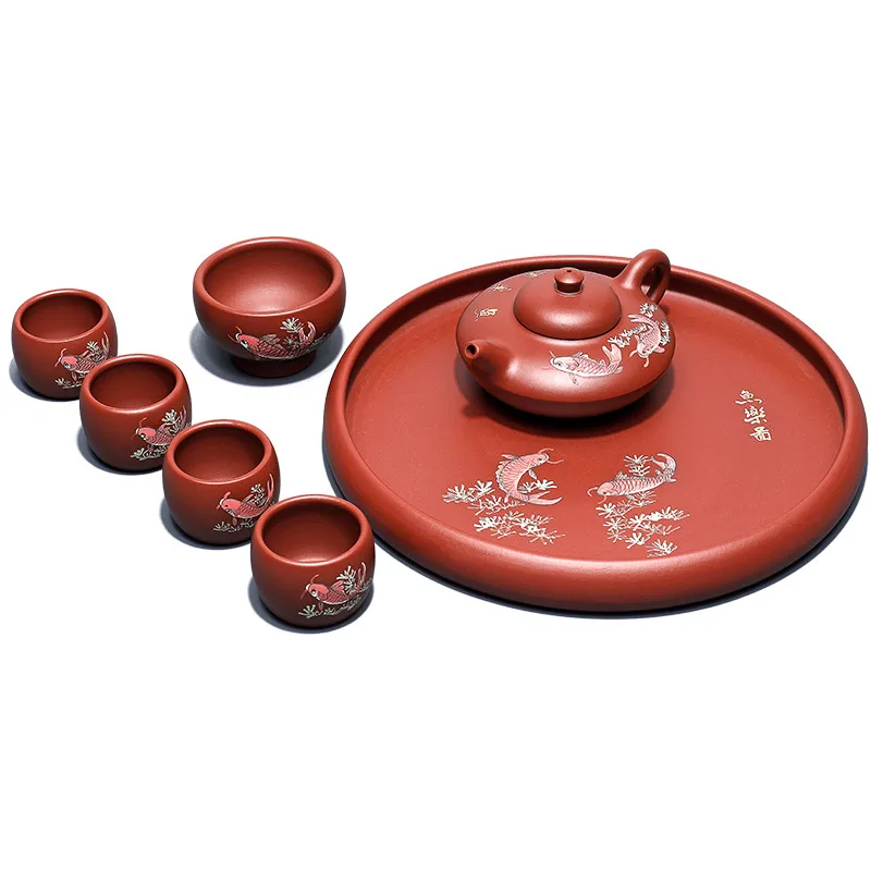 |Yixing famous ore recommended pure manual kung fu tea kettle dahongpao fish pot of tea set