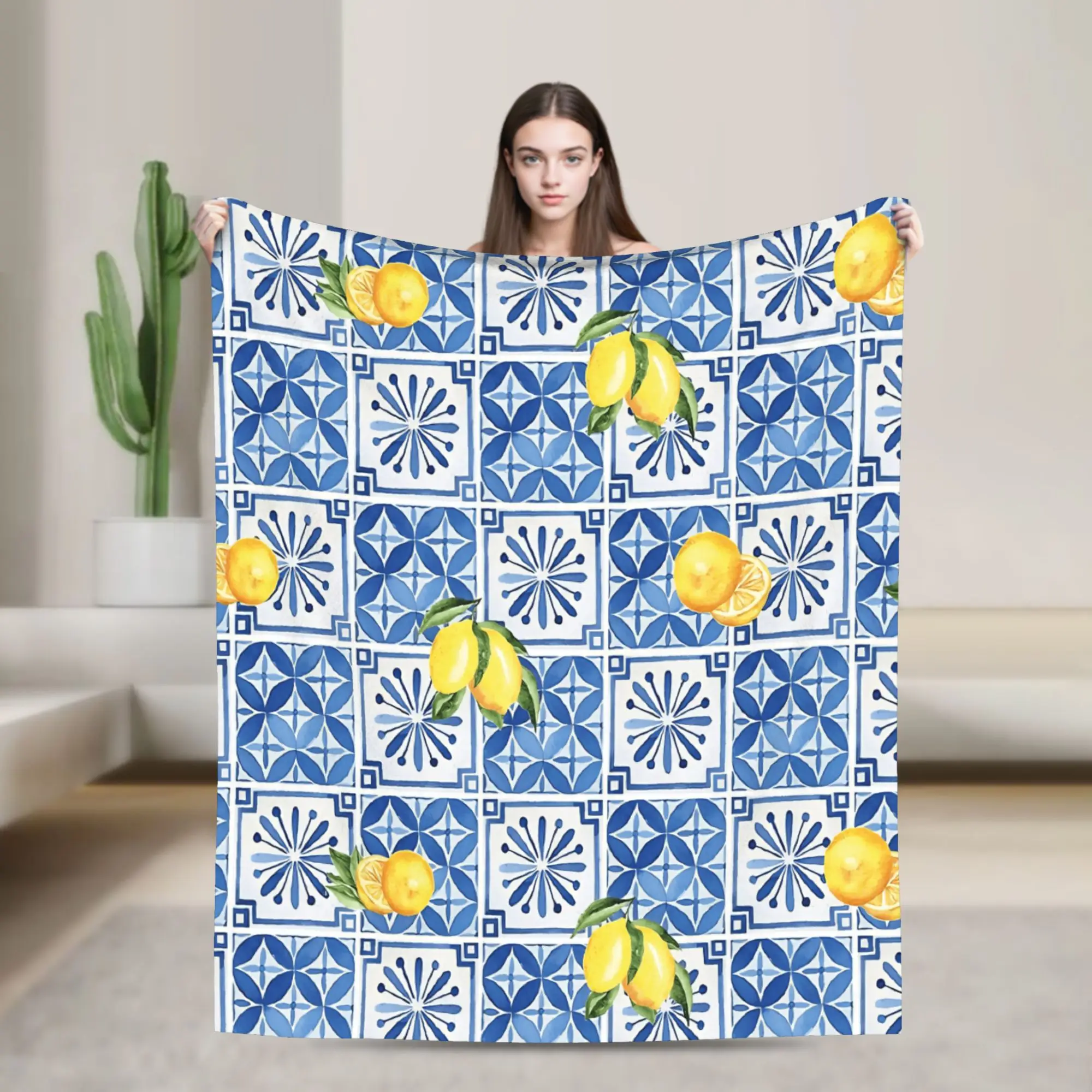 Lemon and Blue Pattern Bedding Throws Warm Cozy Casual Blanket  For Couch Chair Camping Flannel Bedspread Bed Cover