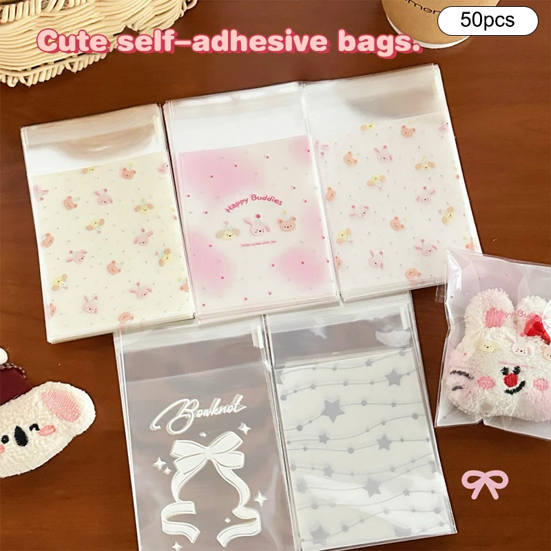 ~50Pcs Cute Cartoon Resealable Bags Self Adhesive Creative Cookie Bags Small Candy Bags Snack Bags Fashion Gift Packaging Bag