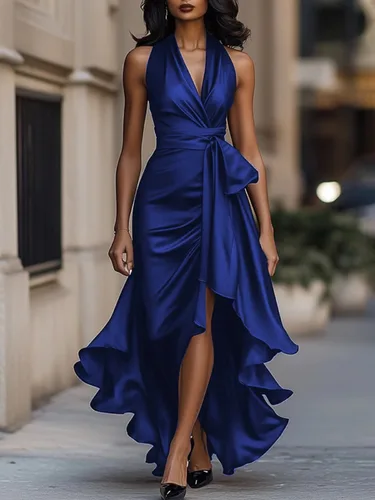 Imagen 1 del producto Freeacy-vestidos de noche con volantes y escote en V profundo para mujer, vestidos de fiesta de satén de cintura alta con cordones de Color sólido, vestido para invitados de boda
