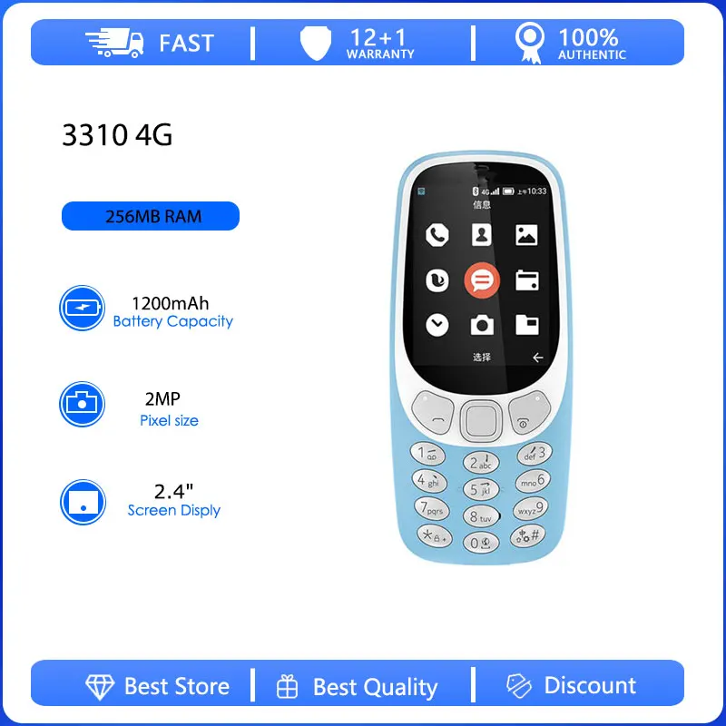 Восстановленный оригинальный мобильный телефон Nokia 3310 4G с одной SIM-картой, разблокированный GSM 900/1800, английская клавиатура, произведено в Финляндии, только на английском языке