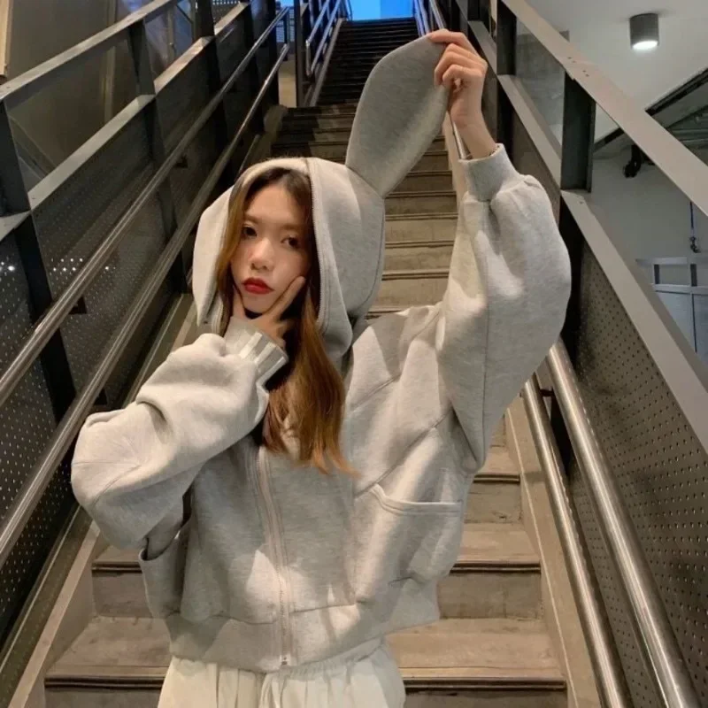 

Spring Autumn Rabbit Ear Hoodies Cute Long Sleeve Zippered Cardigan Women Short Top Loose Causal Preppy Style Korean Fashion 후드티