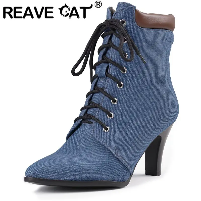 REAVE CAT Blue Women's Ankle Boots Pointed Toe 8cm Block High Heel Plus Size 41 42 43 Lace Up Sexy Handmade Dating Short Botas