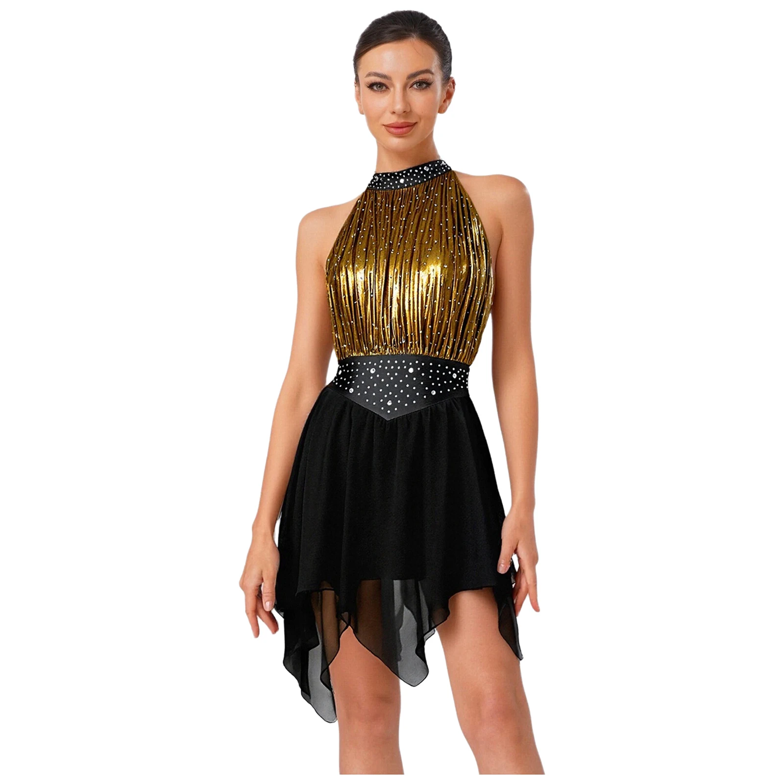 

Womens Lyrical Dance Dress Ruched Metallic Mesh with Rhinestone Built-in Briefs Leotard Dress for Figure Skating Modern Dance