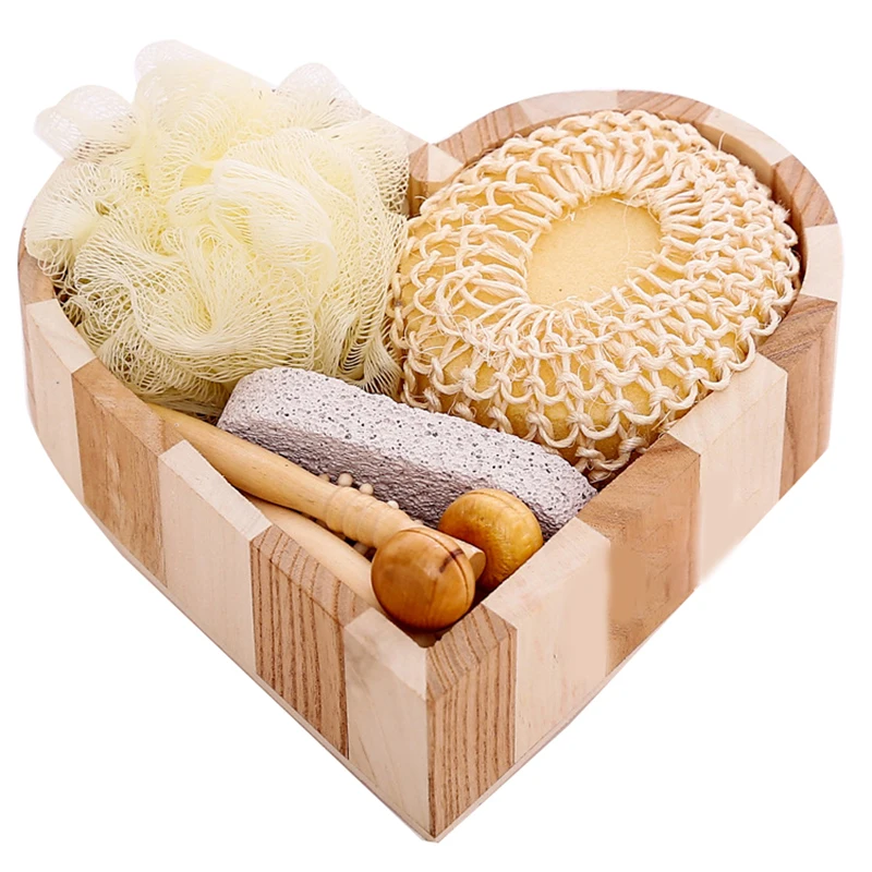 1 Set Spa Heart Shape Gift Box Bathing Skin Cleaning Kit For Women Sisal Bath Flower Back Scrubber Gloves Massager