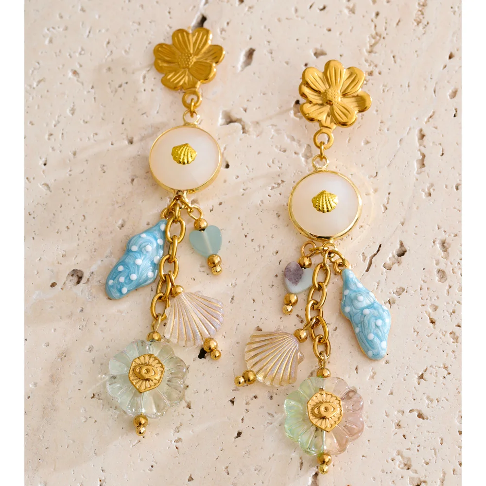 Yhpup New Arrivals Stainless Steel Resin Shell Flower Drop Earrings Exclusive Style Summer Exquisite Jewelry Gift