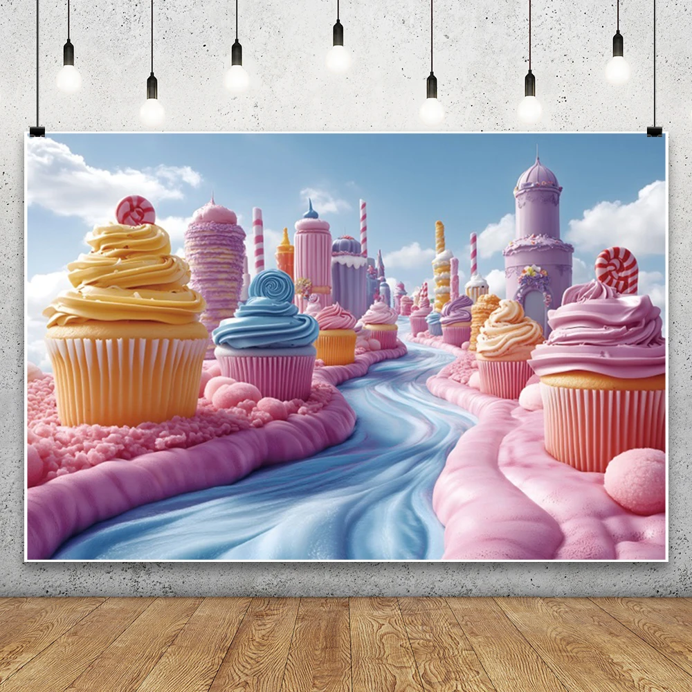 Fantasy Candyland Photography Backdrop Pink Cake Ice Cream Lollipop Baby Shower Kids Birthday Party Decoration Background Studio