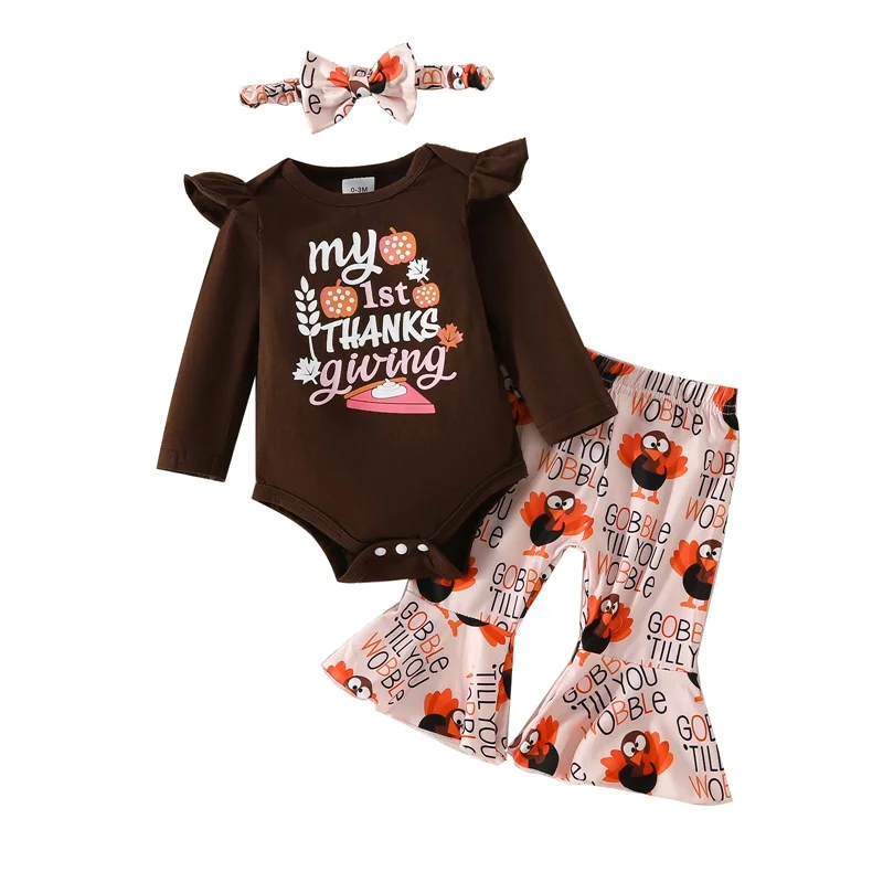 Baby Girls Fall Thanksgiving Outfits Letter Print Long Sleeves Romper and Turkey Print Flared Pants Headband Set