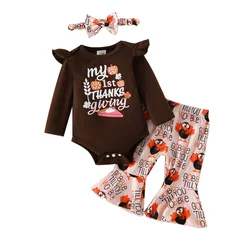 Baby Girls Fall Thanksgiving Outfits Letter Print Long Sleeves Romper and Turkey Print Flared Pants Headband Set