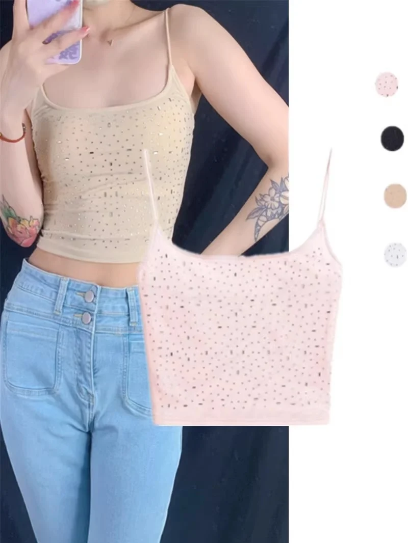 Sexy ort Svel Street Sle Vest Heavy Work Water Diamond Sparkling Double Layer Me Slim Fit Dimagrante Pure Desire Top