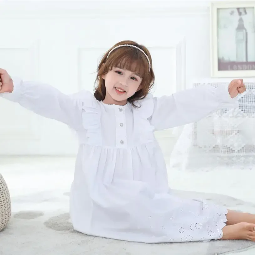 

Girl long sleeve ruffles sleep dress spring autumn new Hollow out cotton nightgown children princess home clothes 3-12Y wz82