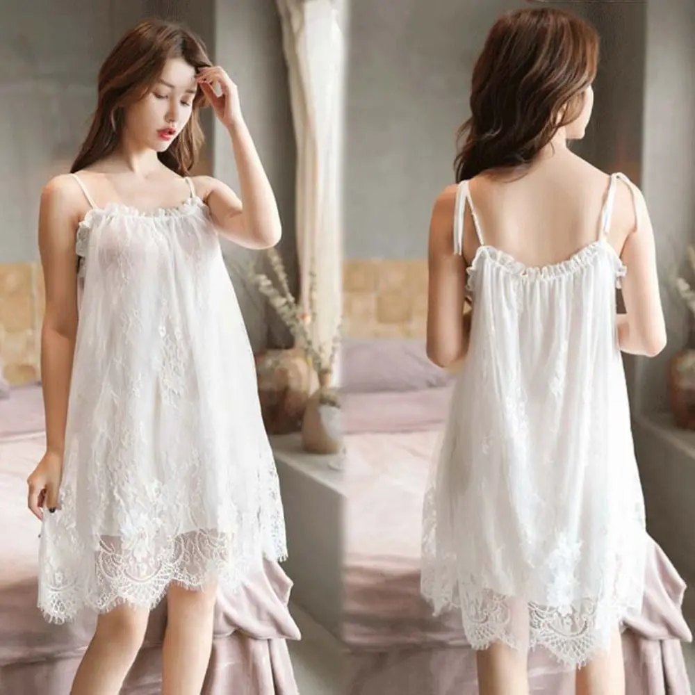 

Sweet Lace Flower Suspender Nightdress Loose Ruffled Edge Female Sleepshirts Pajamas Thin Sleep Dress Women