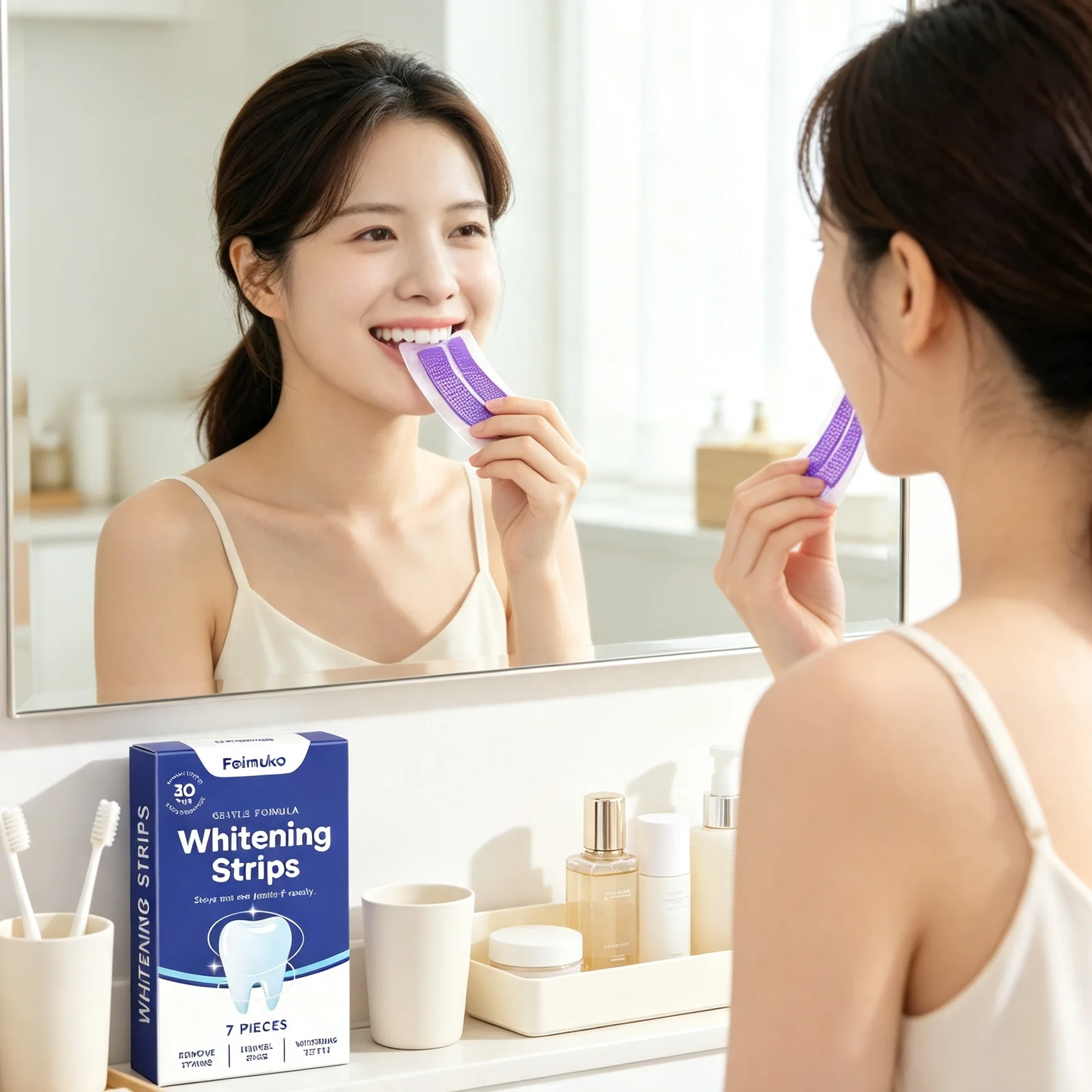 Feimuko Purple Teeth Whitening Strips Brighten Teeth Stain Remover Colour Correction Perfect Smile Sensitive Teeth Strips 7pcs