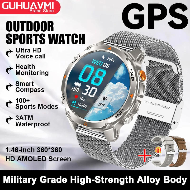 2025 New Military Bluetooth Call Smart Watch Built-in GPS Compass Barometric Altimeter 10ATM Waterproof Sports Smartwatches Men