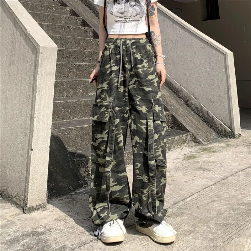 MEXZT Streetwear Camouflage Cargo Pants Women High Waist Denim Wide Leg Pants Harajuku Hip Hop Armygreen Loose Straight Trousers