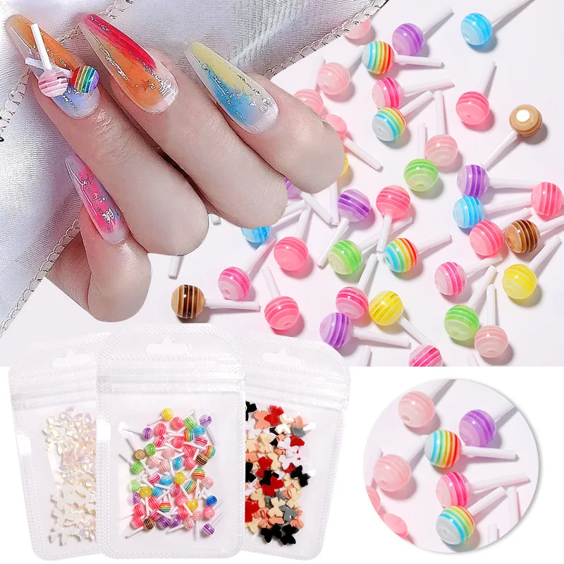 50pcs/bag 3D Nail Decorations Macaroon Lollipop Nail Decorations Bow Resin Cute Fashionable Design Nail Accessories