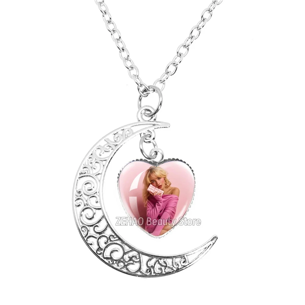20mm Moon Peach Heart Necklace Famous Character Sabrina Carpenter Funny Singer  Accessories Glass Cabochon Pendant For Fans Gift