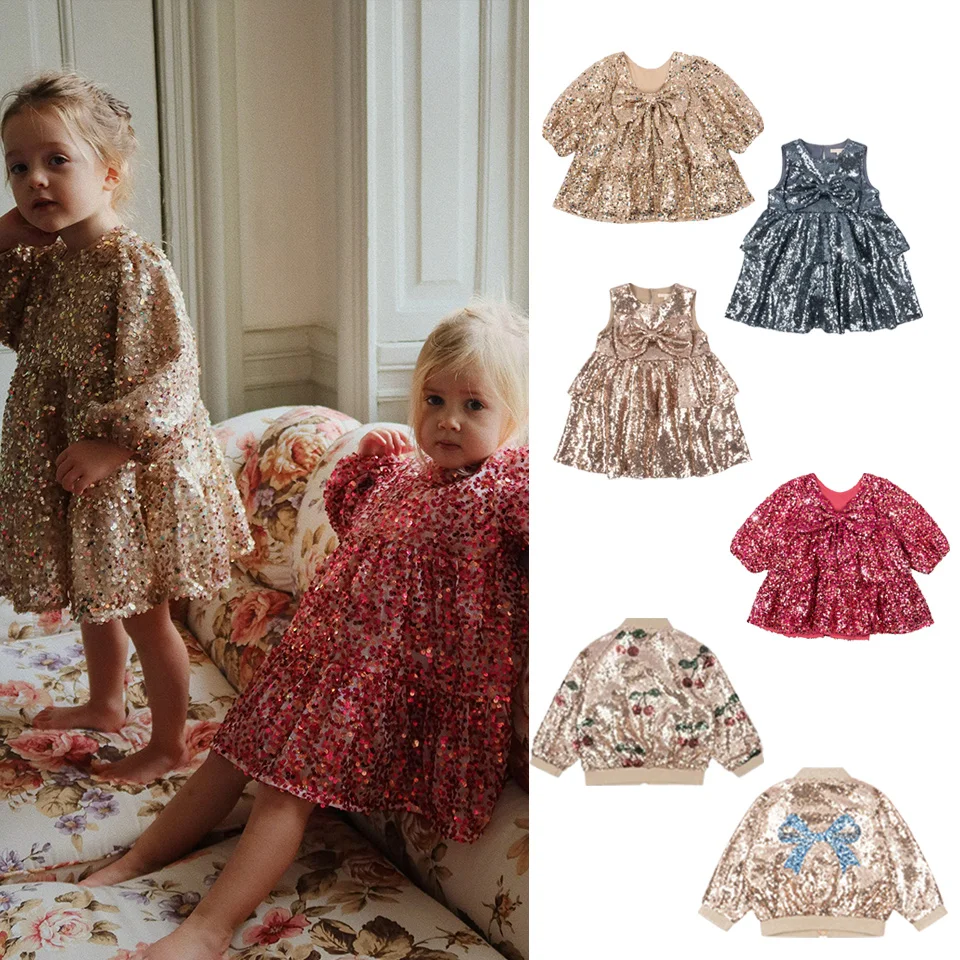 

2025 KSGirls Sequin Jacket Autumn Winter Courtly Style Cherry Print Large Bowknot Pure Color Vest Dress for Party