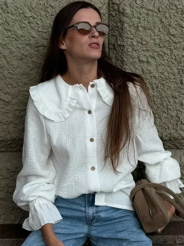 

Белая женская рубашка с рюшами и рукавами-фонариками, свободного кроя, с длинным рукавом, осенняя, на одной пуговице, модная, в стиле пэчворк