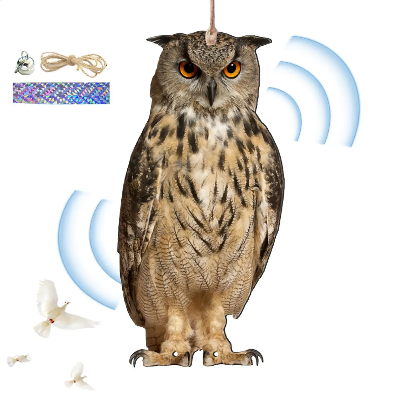 Dispositivos repelentes de aves para exteriores, espantapájaros de búho 2D, colgante impermeable, adorno para ahuyentar aves con campana, herramienta de simulación para ahuyentar aves, decoración de jardín