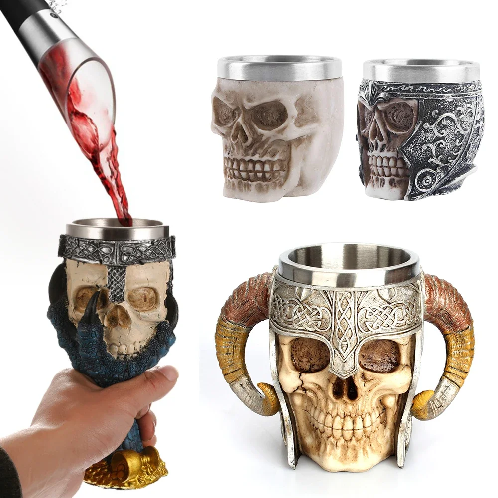 Stainless Steel Skull Mug Viking Drinking Cup Skeleton Resin Beer Stein Tankard Coffee Mug Tea Cup Halloween Gift Bar Drinkware