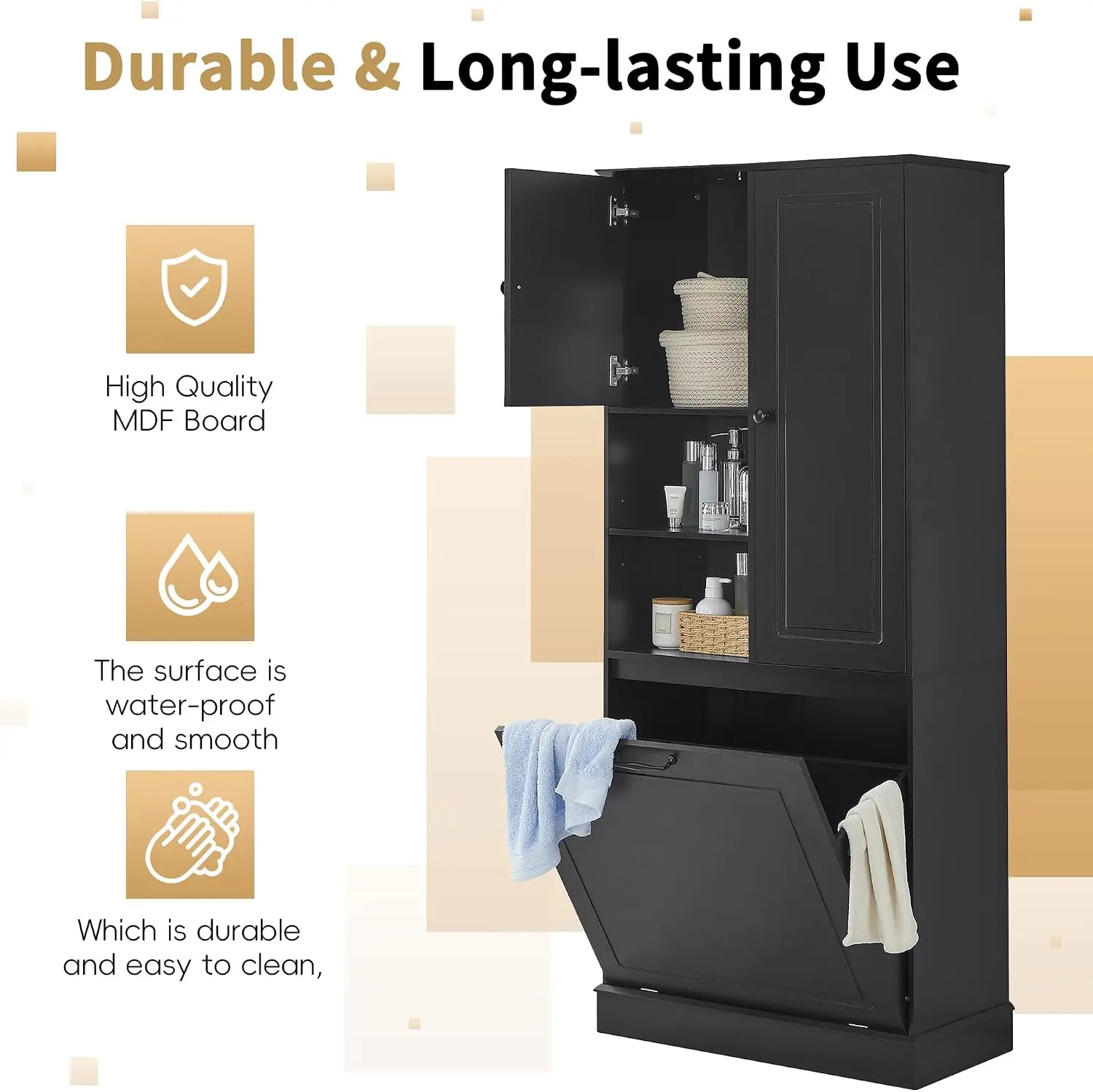 68" Tall Bathroom Storage Display Cabinet with 2 Doors & Built-In Laundry Hamper, Multi-Purpose Organizer with Adjustable Inner Shelf for Household Use Gray view 6