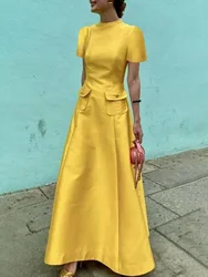 Lemongor Female Stylish Selection Elegant Yellow Evening Dresses Women 2024 New Summer Short Sleeves Pockets Party A-Line Dress