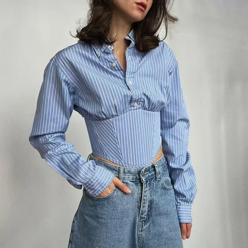 Slim Fit Striped Shirt Women's Long Sleeve Short Length Lace up Turn down Collar Fashionable Spring Summer Top