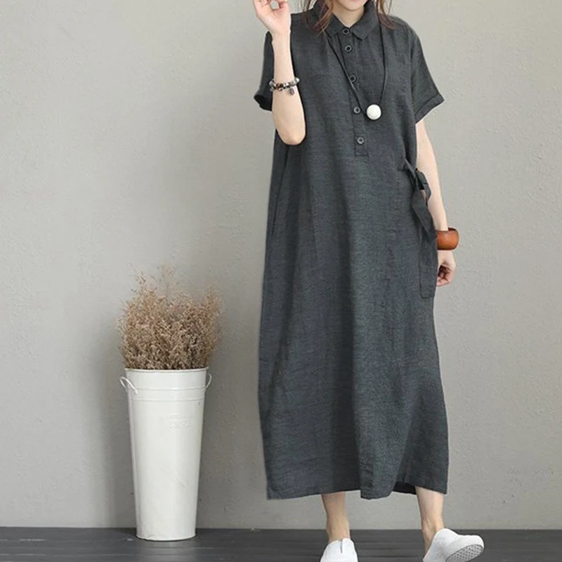 2023 Women New Summer Cotton Linen Lapel Pockets Loose Casual Vintage Dresses Short Sleeve Oversized Long Dress