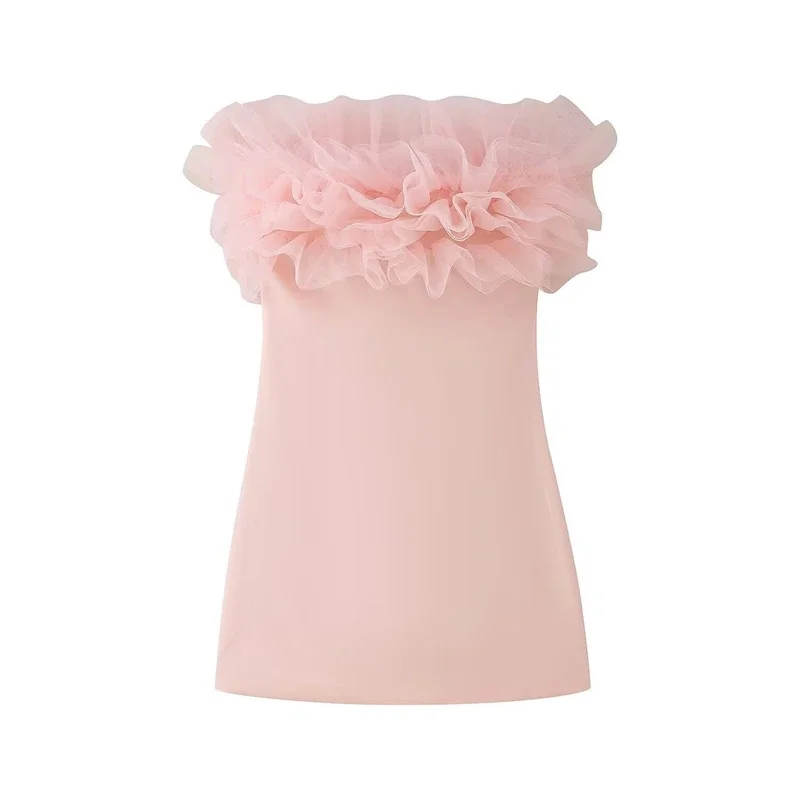 2025 Zomer Sexy Slim Fit Hoge Taille Bodycon Korte Rok Met Pluizige Tule Mesh Laag Party Casual Mini Jurk Voor Vrouwen