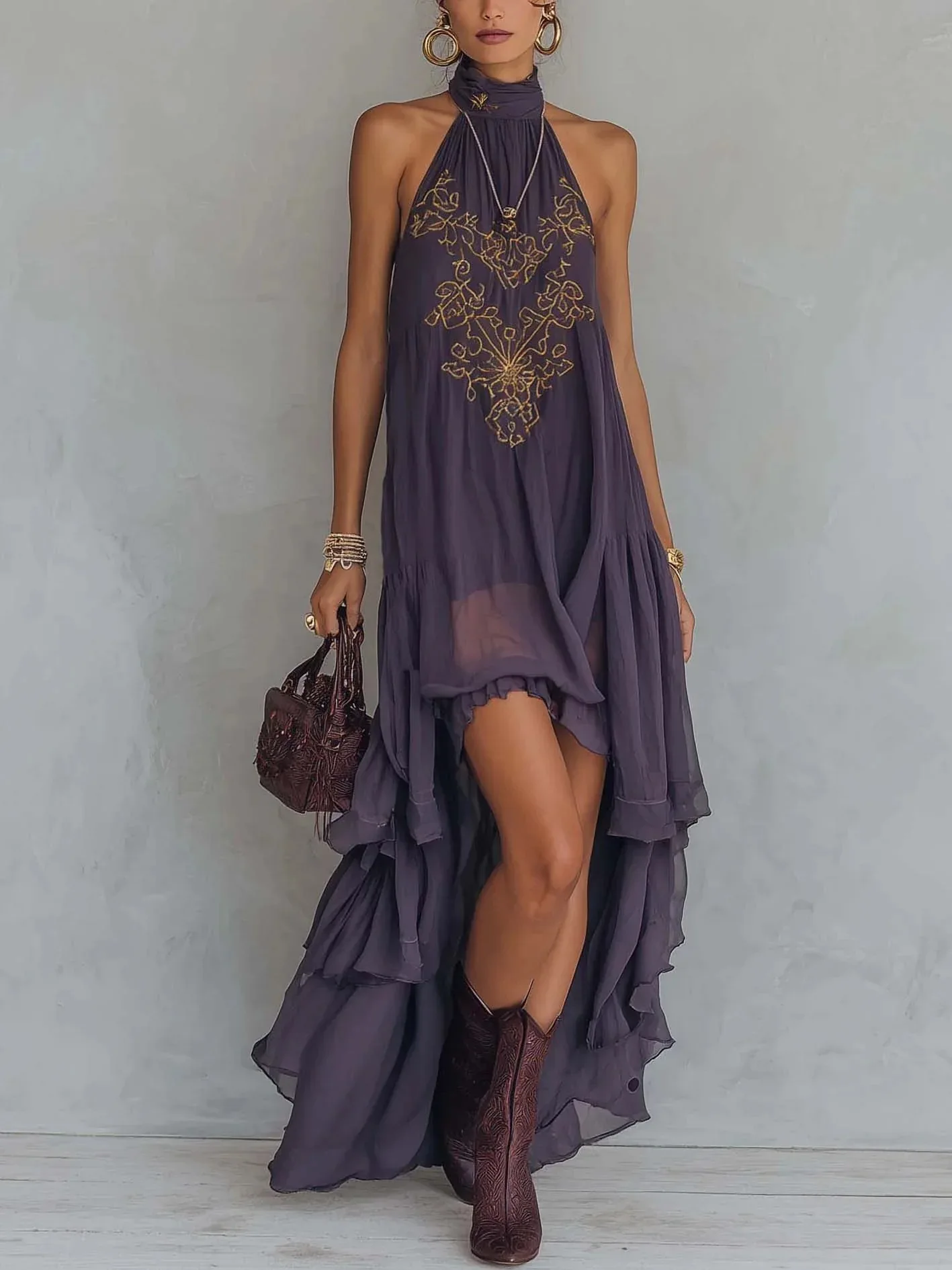 Women Purple Dress Halter Neck Embroidery Open Back Button High Low Asymmetrical Ruffle Hem Tiered Dress Beach Vacation Outfit