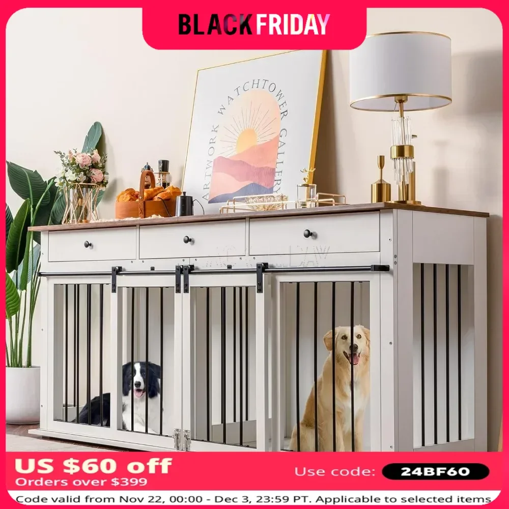 Dog Crate, Wooden Dogs Kennel with Room Divider & 3 Drawer, Double Doors Heavy Duty Dog Crate End Table Indoor TV Stand