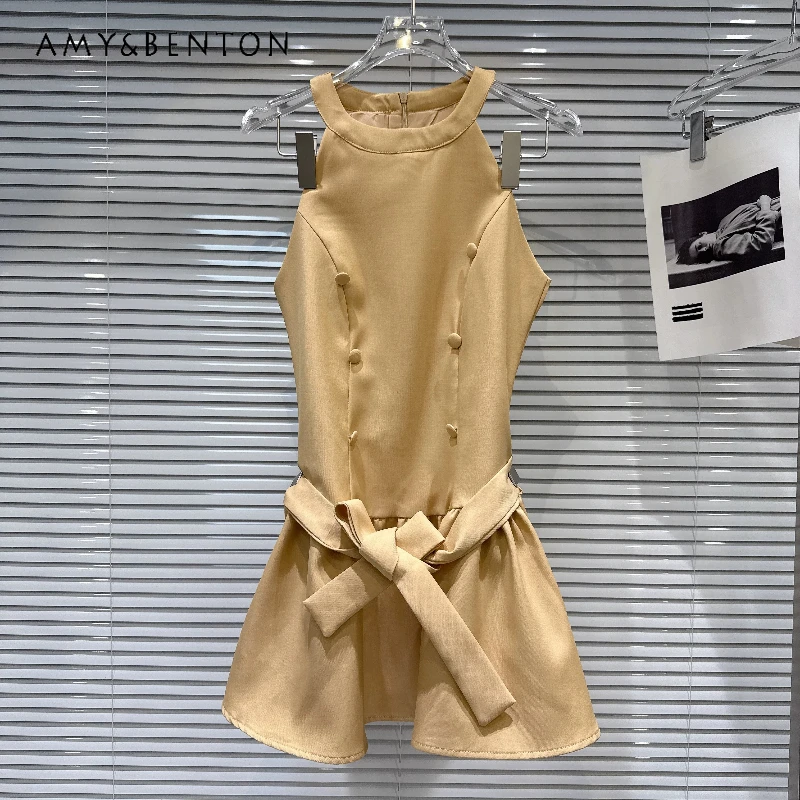 

Temperament Elegant Double-breasted Belt Women's Vest Dress 2026 Summer New Khaki Waist-cinching Sleeveless Short Dresses Ladies