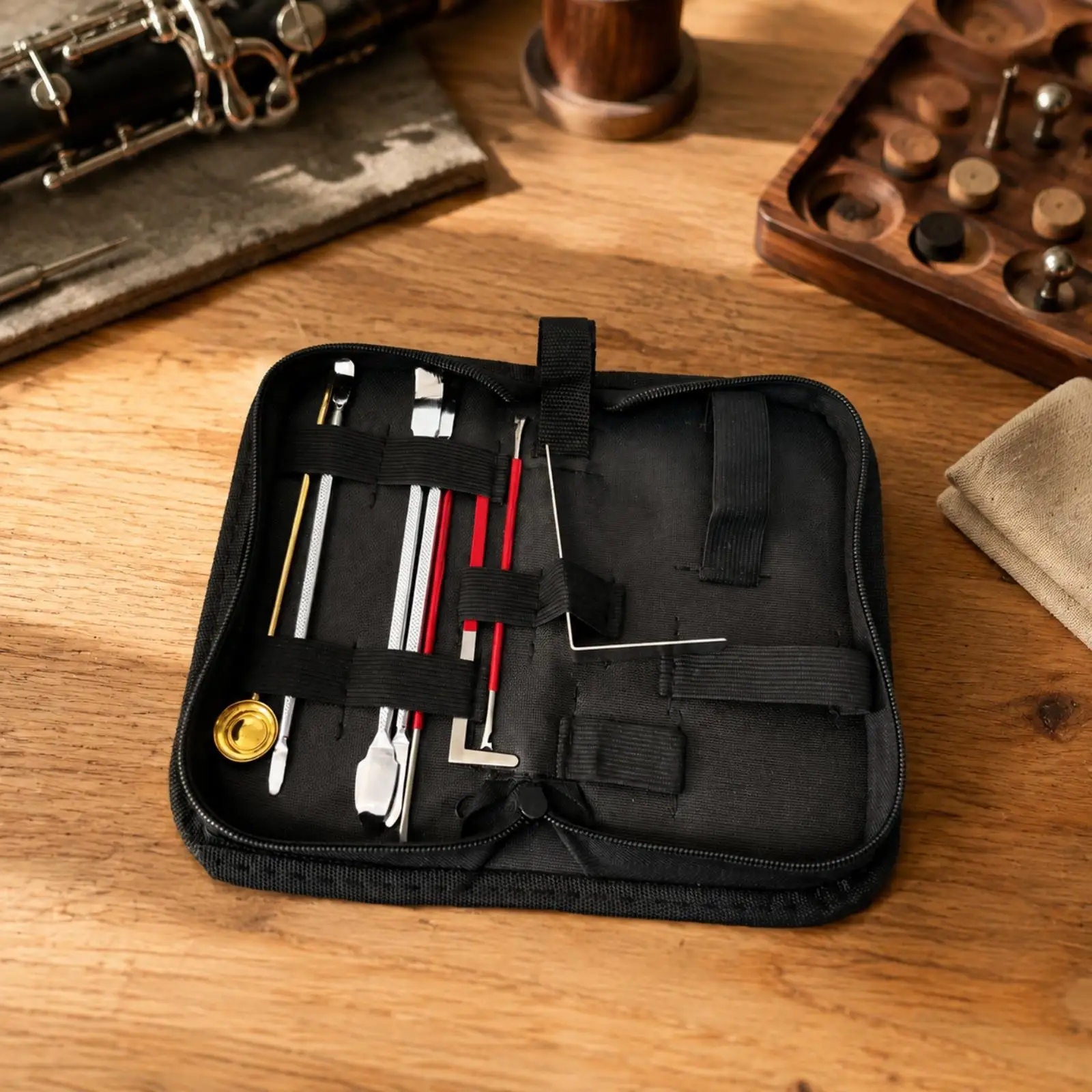 Industrial Pouch Instrument Repair Kit for Saxophone Clarinet Flute Oboe Bassoon with Metal Tuning Tools and Carry Loop