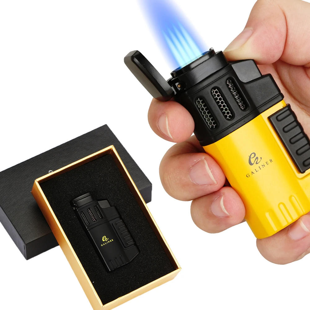 Plastic 4 Torch Cigar Lighter Mini Refillable Gas Lighters Smoking Blue Flame Windproof Briquet with Gift Box