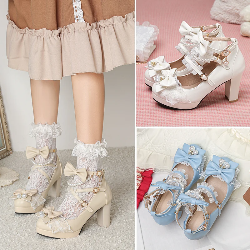 Lolita Japanese Pearl Bow Jk Sweet Cute Strap Super High Heeled Round Head Student Shoes Kawaii Girl Tea Party Cos Loli Vintage