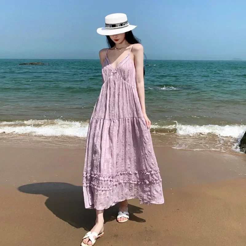 New Women's Summer Seaside Vacation Gentle Wind Backless Tea Break Fairy Long Skirt French Style Purple V-neck Suspender Dresses