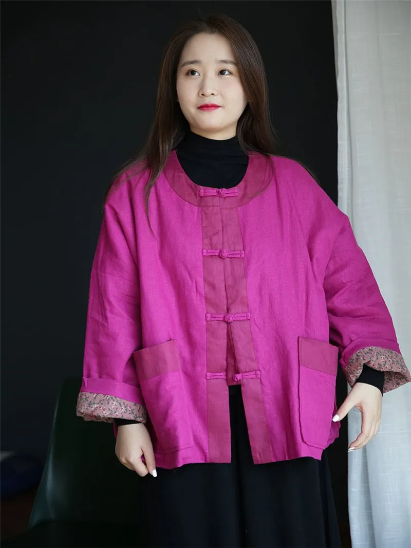 

Loose Ethnic Cotton Linen Jackets for Women Chinese Style Long Sleeve Frog Button Female Coat Winter New Casual Parkas
